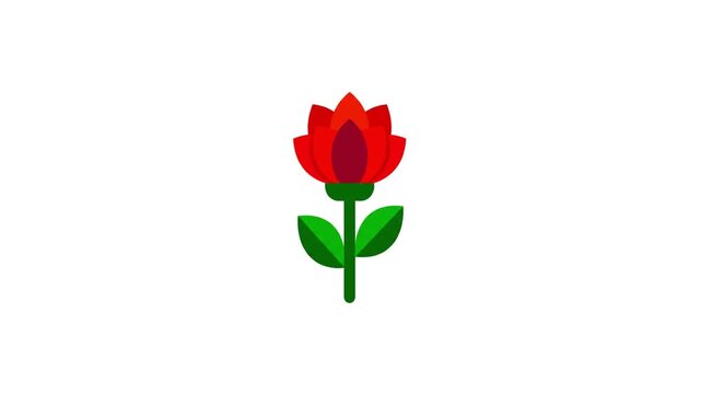 A stylized red flower with green leaves and stem on a white background.