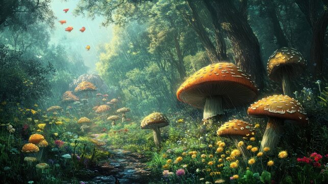 Magical forest path with mushrooms and flowers, glowing sunlight