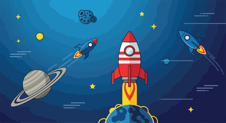 Cartoon rockets blast off into starry space © Rahmat