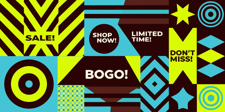 Abstract geometric pattern with sale banners and promotional text