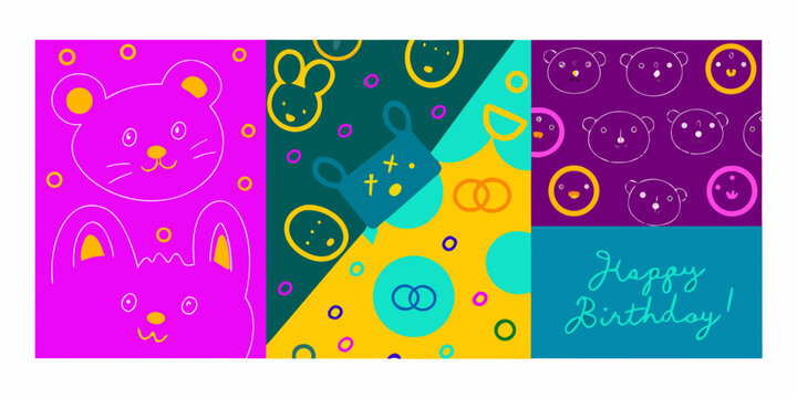 Floral pattern with cute bear and rabbit characters colorful vector illustration