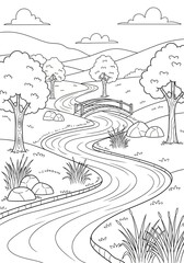 Fototapeta premium A beautiful winding river gracefully flows through a serene natural landscape, featuring a charming bridge, lush trees, and gentle rolling hills, perfect for a relaxing coloring book page.