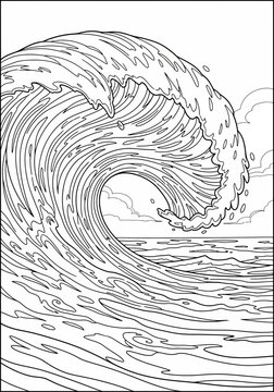 A large powerful ocean wave curls over with intricate water patterns and thick fluid lines forming a dramatic cresting movement that captures the raw natural energy of the sea.