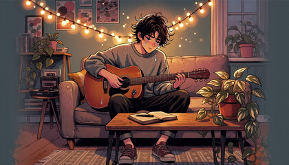 Obraz premium High-Resolution Lofi Crying Boy Playing Acoustic Guitar on Couch - Cozy Room Aesthetic with String Lights, Potted Plants, and Open Journal - Conceptual Illustration for Sad Beats, Breakup Songs