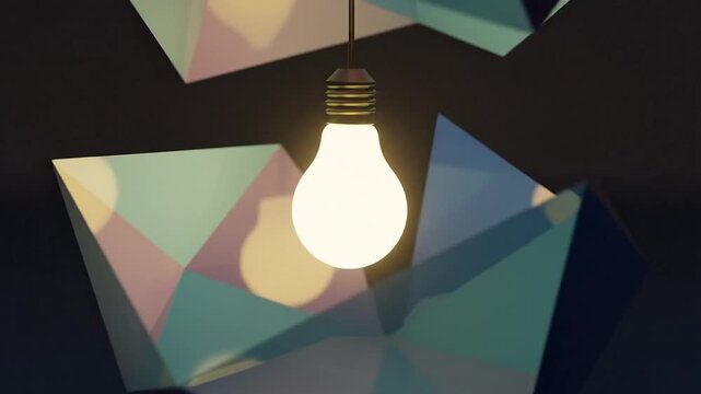 Geometric Light Fixture Hanging in Dark Room with Abstract Shapes.