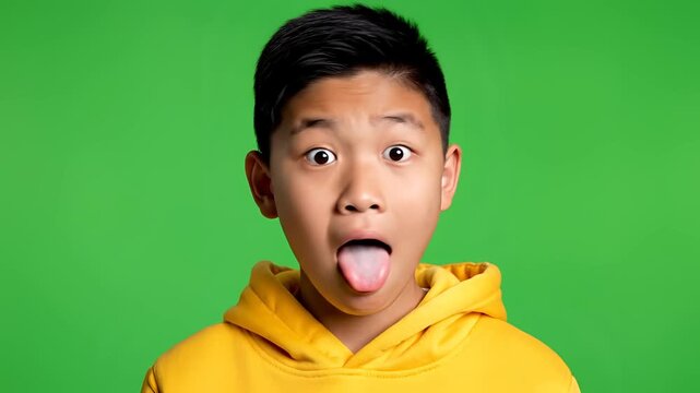 Young Asian boy making funny faces and expressions on green screen background.