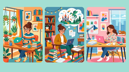 Obraz premium Creative women engage in remote work and imaginative learning from cozy home environments