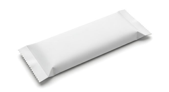 Empty white packet standing upright on a plain background