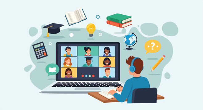A student attends an online class on laptop
