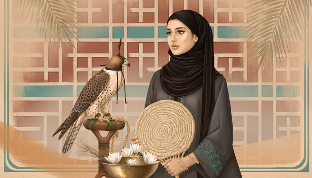 Elegant Arab Woman with Peregrine Falcon and Woven Fan - Traditional Middle Eastern Hospitality and Culture Illustration