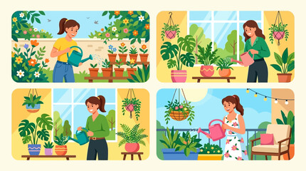 Obraz premium Joyful home gardening scenes featuring women watering diverse potted plants indoors and outdoors