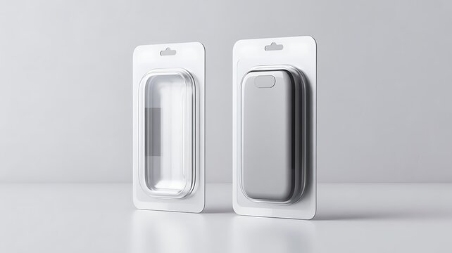 Two rectangular blister packs, one empty and one with a gray object, on a light gray surface