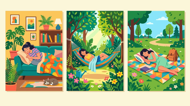 Serene moments of repose and relaxation captured in three tranquil scenes of peaceful slumber and