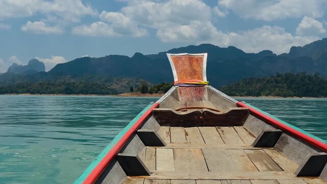 Close-up of a traditional long-tail boat prow decorated with colorful ribbons on Cheow Lan Lake. A vibrant symbol of Thai culture and tropical adventure in Khao Sok National Park, Thailand.