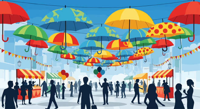 A lively outdoor market with colorful umbrellas and people
