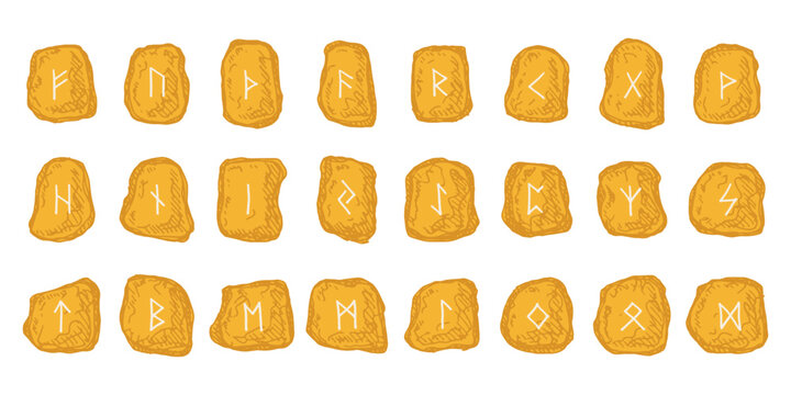Set of hand drawn viking runes Rune stones with ancient norse alphabet characters engraved on them Scandinavian futhark germanic celtic Single element for design, print, web, decor