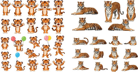 Cute tiger cartoon characters and realistic tiger poses set vector illustration collection wild animal cub mascot and adult big cat pack © MstJasmin