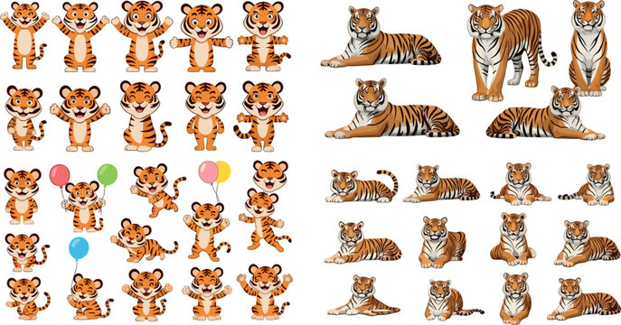 Cute tiger cartoon characters and realistic tiger poses set vector illustration collection wild animal cub mascot and adult big cat pack