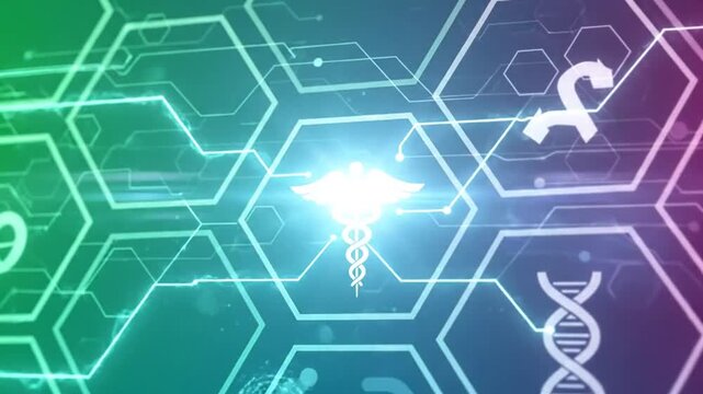 Medical technology background with digital health symbols and data flow.