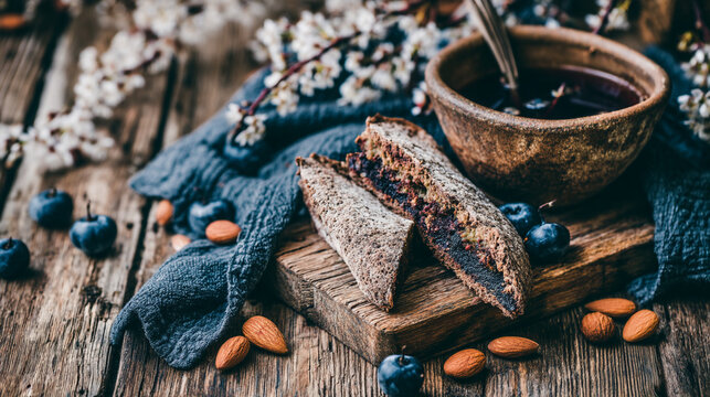 Rustic breakfast scene with fresh bread, blueberries, and jam on a wooden table.