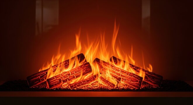 Close-up view of glowing orange and red flames dancing around stacked logs in a fireplace, creating a warm and inviting ambiance