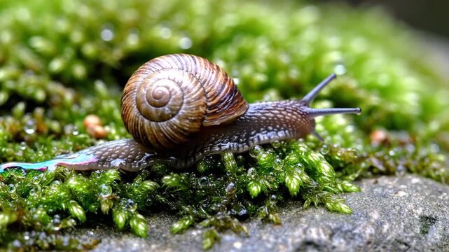A small brown snail with a spiral shell crawls slowly across a green leaf in a macro close-up of this garden gastropod