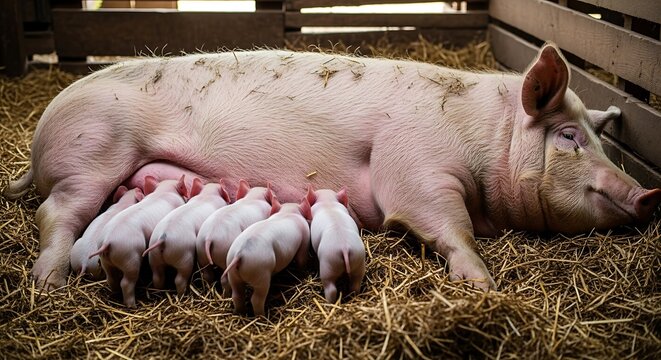 Pig with piglets nursing in straw filled enclosure agriculture concept