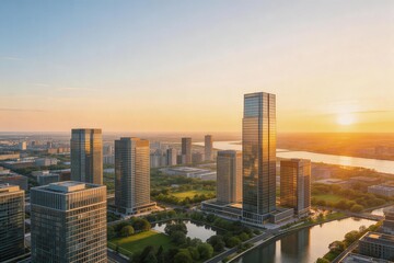 Obraz premium Modern city skyline with skyscrapers and river