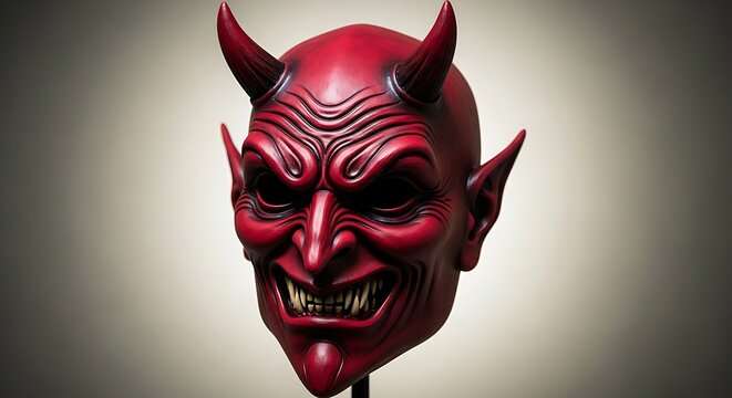 Red devil mask with horns and fiendish grin on neutral background