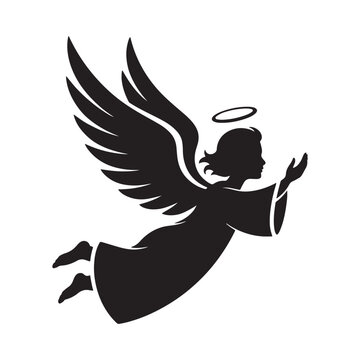 Black silhouette of flying angel with halo reaching arms forward isolated on white.