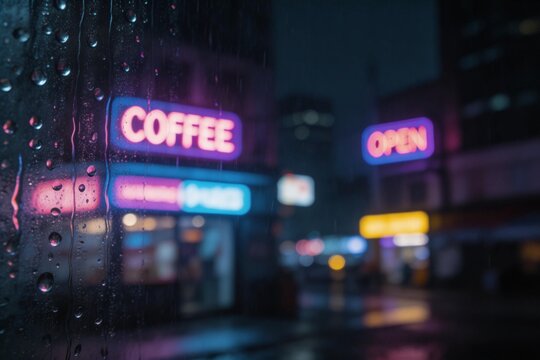 Neon coffee shop sign on rainy night