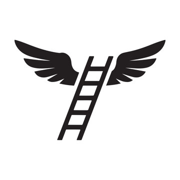 Black silhouette of ladder with wings isolated on white background.