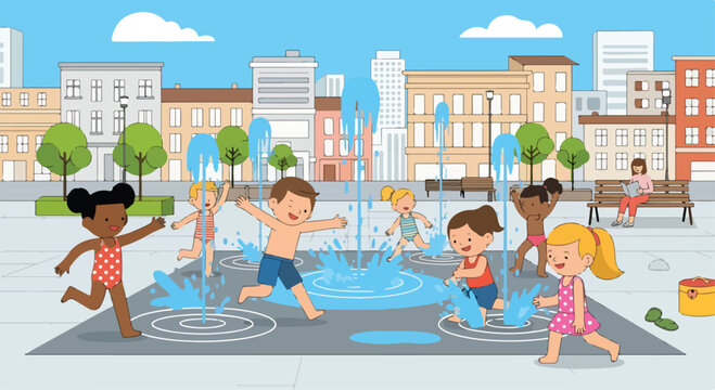 Children playing in a city splash pad