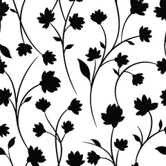 Black silhouette flowers and branches pattern with white background silhouette branches abstract background decorative seamless botanical creative stylized contrast ornament backdrop © Papiya