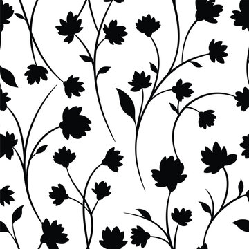 Black silhouette flowers and branches pattern with white background silhouette branches abstract background decorative seamless botanical creative stylized contrast ornament backdrop