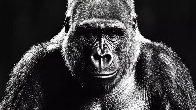 A powerful portrait of a thinking western lowland gorilla from the Congo jungle highlights the strong face and hairy fur of this endangered wild primate in a black wildlife nature setting