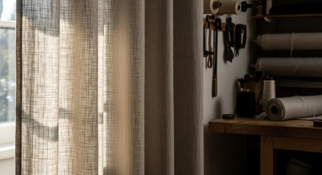 Close-up view of a heavy linen blend curtain with visible slub texture and subtle weave pattern