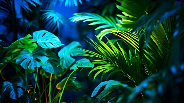 Lush tropical foliage illuminated by vibrant green and blue fluorescent lights