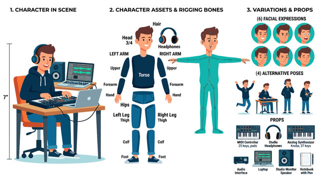 Character in Scene, Character Assets, Rigging Bones, Variations, and Props for Animation.