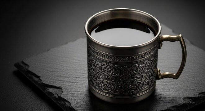 Ornate antique metal mug filled with dark beverage presented on a textured surface