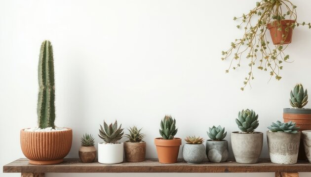 Array of assorted potted succulents and a tall cactus on a rustic shelf with a hanging plant, perfect for home decor and wellness presentations