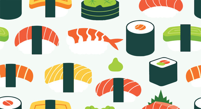 A vibrant pattern of various sushi pieces on a light green background