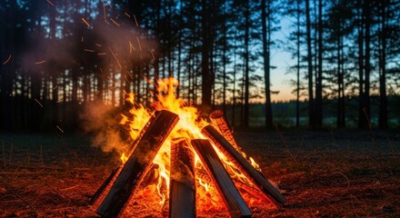 Fototapeta premium Campfire Flames Burning Wood in Forest