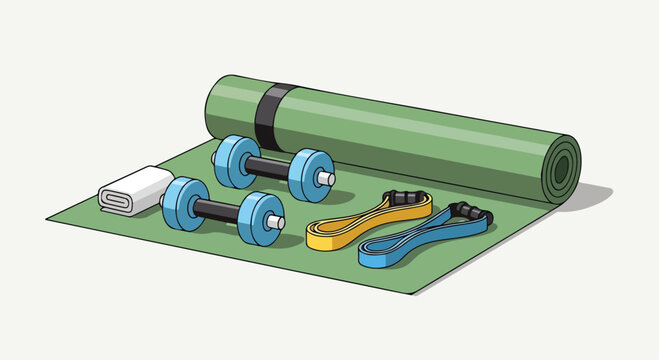 A green yoga mat with exercise equipment