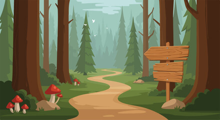 A serene forest scene with a winding dirt path and a wooden signpost © mutia