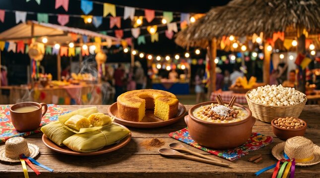Brazilian Festa Junina Food Table with Traditional June Festival Snacks