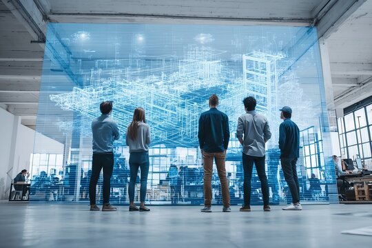 Innovative Visionaries Analyzing Future Designs in Tech Hub