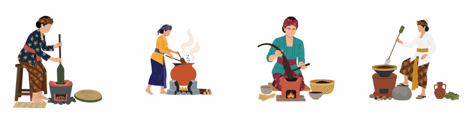 Fototapeta premium Vector illustration set of Indonesian women in traditional attire performing traditional coffee roasting and processing techniques over open wood fires.