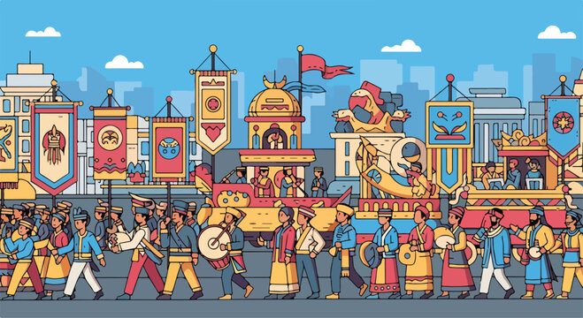 A vibrant procession with people and floats
