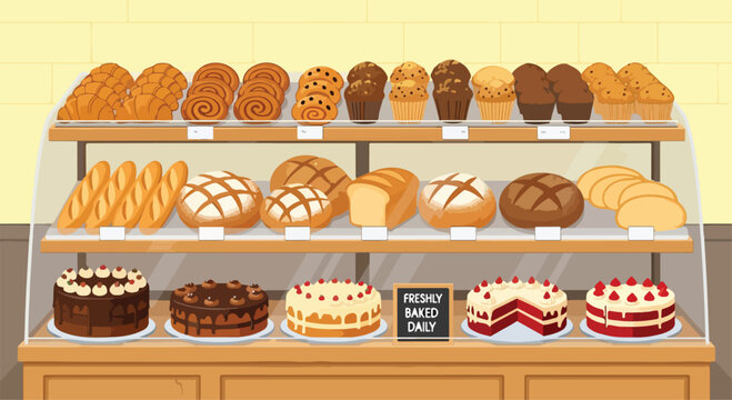A bakery display case filled with various pastries and cakes